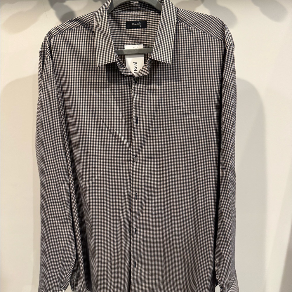 Theory tan and navy Patterned Dress Shirt